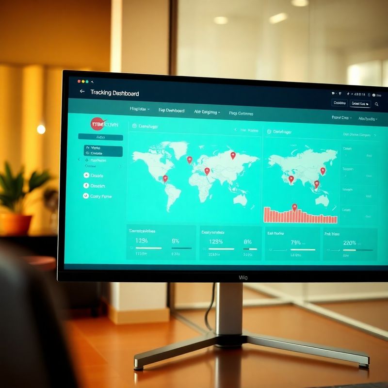 Panel de seguimiento teal-moderno en un monitor panorámico mostrando envíos en tiempo real
