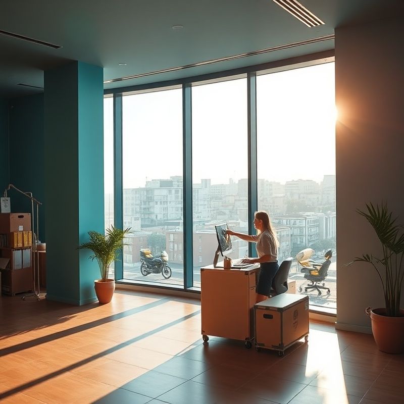 Interior de la oficina de Vivideterra en Madrid, espacio diáfano con detalles en teal y grandes ventanales