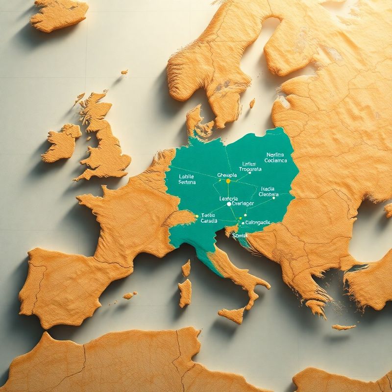 Mapa de rutas logísticas europeas superpuesto sobre un atlas físico con nodos en color teal